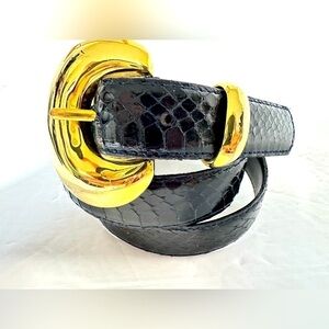 Magid Black Snakeskin-Textured Belt with Polished Gold Buckle